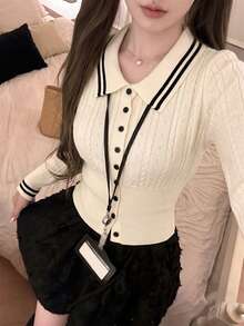 秋冬女款韓式休閒撞色條紋領針織開襟衫，紋理修身長袖上衣，百搭優雅秋季款 - 杏色 - 查看 2