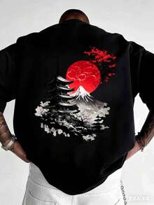 [Comfortable|Loose] Comfortable Loose Japanese Style T-Shirt | Red Sun Landscape Tower Pattern | Traditional Architecture Cherry Blossom Mountain View - 白色 - 查看 7