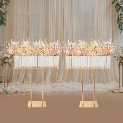 RibasuBB 2Pc Gold Crystal Rectangular Flower Stands 90*70cm Freestanding Wedding Centerpiece Pair