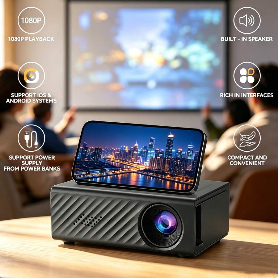 Proyector LCD portátil mini, compatible con 1080P Full HD, duplicación de pantalla por cable, pantalla de proyección ajustable de 32 a 100 pulgadas, sonido estéreo integrado y equipado con control remoto, con USB, múltiples interfaces de audio, compatible con teléfonos, portátiles, unidades USB, consolas de juegos, adecuado para cine en casa, dormitorio, viajes y ver películas al aire libre