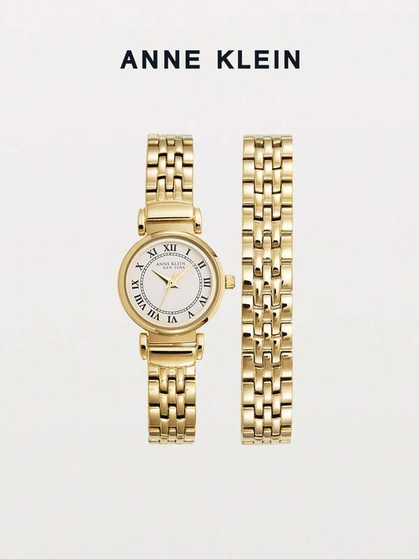 Anne Klein Conjunto de reloj de pulsera de cuarzo de lujo para mujer en tono dorado, reloj analógico con esfera blanca brillante, elegante reloj de pulsera para mujer con pulsera a juego.