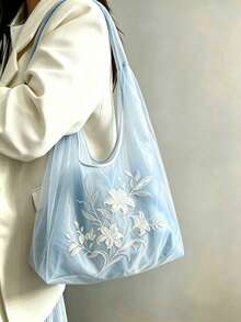 2026 New Light Blue Mesh Embroidery Tote Bag For Women, Lily Embroidered Large Capacity Shoulder Bag, Versatile Commuter Bag - Baby Blue - View 5
