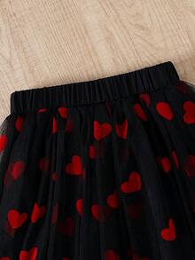 Girls' Spring/Autumn Fashion Sweet Heart Mesh Patchwork Square Neck Puff Sleeve Long Sleeve Top & Elastic Waist Skirt 2-Piece Set, Suitable For Daily Casual Outings - Black - View 7