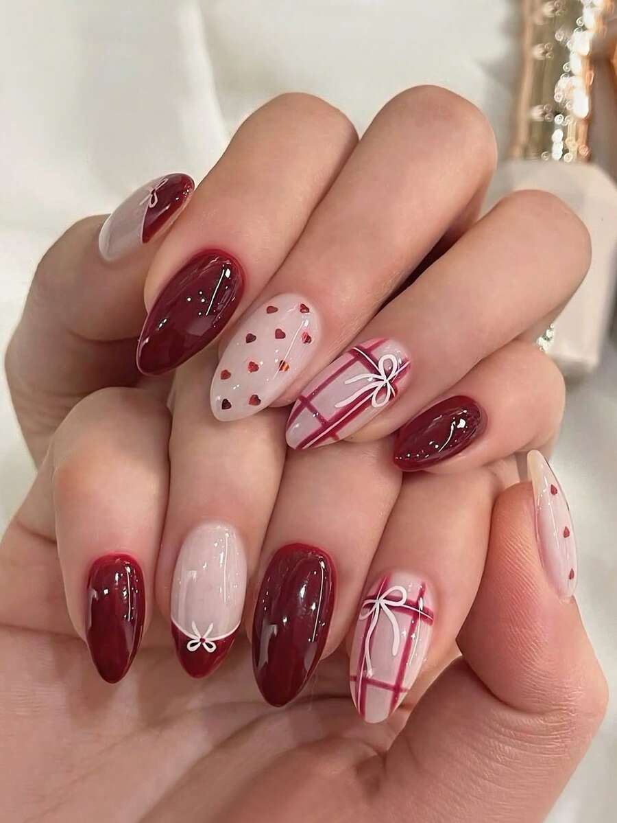 24 piezas de uñas acrílicas postizas de tamaño mediano con forma de almendra, diseño de degradado burdeos y nude con estampado de cuadros, lazos y corazones, uñas postizas de cobertura completa con acabado brillante, estilo dulce y femenino para el Día de San Valentín, adecuadas para mujeres y niñas para fiestas y uso diario - Multicolor - Ver 1
