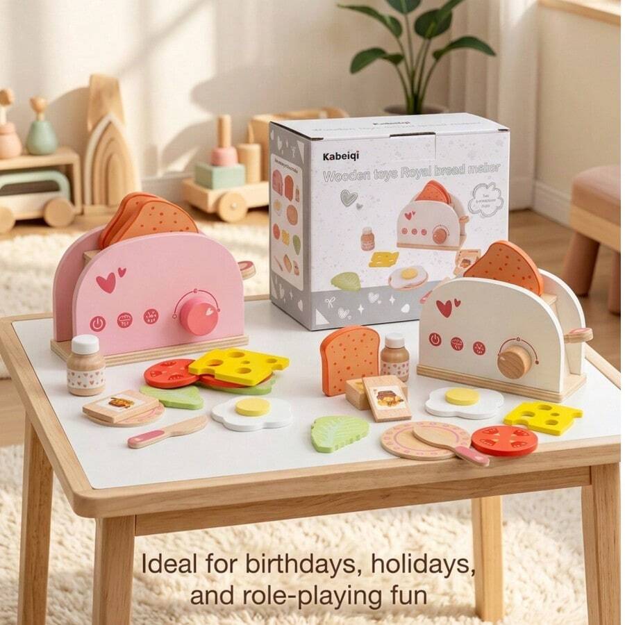 12pcs Wooden Toaster Simulation Food Set, Montessori Kitchen Toy, Role Play Educational Toy, Suitable As Birthday Gift For Toddlers