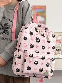 1 pieza Mochila de nailon de gran capacidad para estudiantes, mochila de gato con lazo para estudiantes universitarios, mochila de nailon, mochila de viaje - Rosa - Ver 5