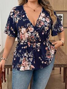 Plus Size Women's Cinched Waist Navy Blue Floral Print V-Neck Short Sleeve Top, Suitable For Casual Daily Wear Vacation Summer - Multicolor - View 4