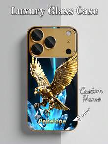 1件 DIY 定製姓名賽博機械齒輪金鷹藍水晶圖案，電鍍金強化玻璃材質手機殼，適用於 iPhone 17ProMax/Apple 16 Pro Max/15/14 Plus/13 Pro/12 Pro Max/11/XsMax/8/7/6Plus - 金色 - 查看 3