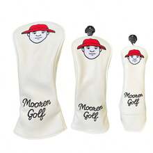 Niche American Vintage Golf Club Head Cover, Cream Base With Red Cap Portrait Embroidery, Delicate Lychee Texture PU, Anti-Collision, Professional Golf Course Use - White - View 3