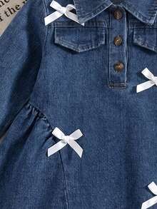 Baby Girls' Fashion Bow Collar Faux Pocket Half-Placket Long Sleeve Denim Dress - Dark Wash - View 4