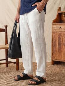 glestore Men's Vintage Style Casual Striped Linen Texture Long Pants, Suitable For Commuting, Leisure And Vacation, All Seasons - White - View 4