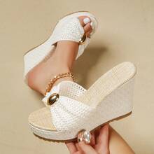 Women Woven Wedge Slide Sandals, Metal Decor Open Toe Platform Mules, Summer Vacation Slip On Wedge Slippers - White - View 9