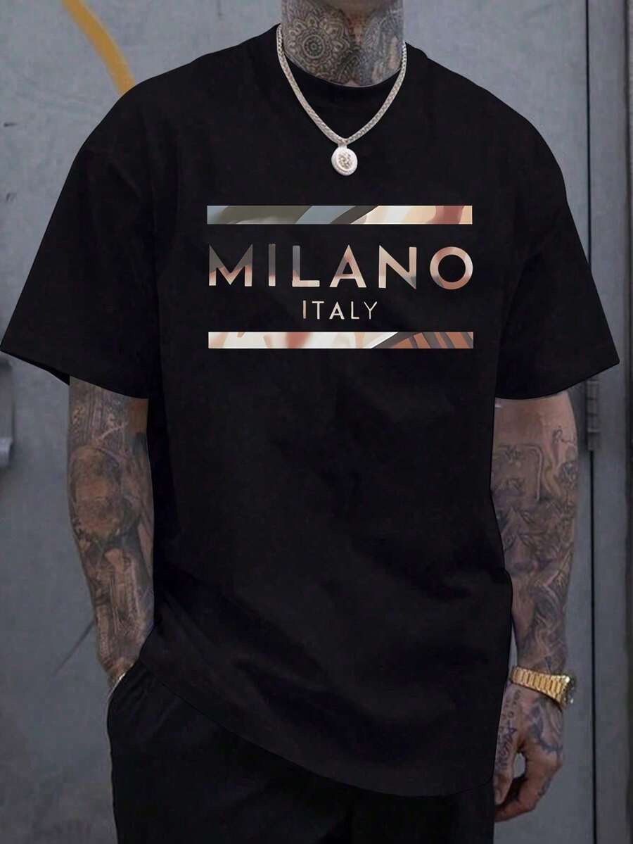 Camiseta Deportiva Casual para Hombre Manfinity - Ligera y cómoda, con estampado de patrón milanés italiano, estilo retro oscuro, ideal para salidas, reuniones con amigos y viajes al aire li - Negro - Ver 1
