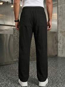 Pantalones rectos de unicolor casuales para hombres de talla grande, sin presillas para cinturón, para primavera/verano - Negro - Ver 2