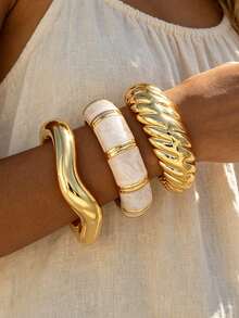3pcs/Multi-Piece Stackable Fashion Minimalist Elegant Exquisite Vintage Design Geometric Ribbon Texture Oil Drop Texture Asymmetrical Pattern CCB Polished Minimalist Plain Metal Style Wide Exaggerated Chunky Bangle Set, Holiday Vacation Party Date Gift, Daily Commute Wear, Personalized - Yellow Gold - View 1