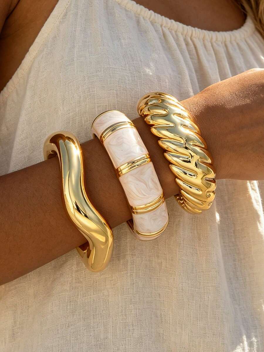 3pcs/Multi-Piece Stackable Fashion Minimalist Elegant Exquisite Vintage Design Geometric Ribbon Texture Oil Drop Texture Asymmetrical Pattern CCB Polished Minimalist Plain Metal Style Wide Exaggerated Chunky Bangle Set, Holiday Vacation Party Date Gift, Daily Commute Wear, Personalized - Yellow Gold - View 1