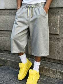 Loose Baggy Pants For Men, Heather Gray Cropped Sweat Pants With Dual Drawstring Waist, Casual 7 Inch Knee Length Pants For Men Daily Outfit Sports - Grey - View 1