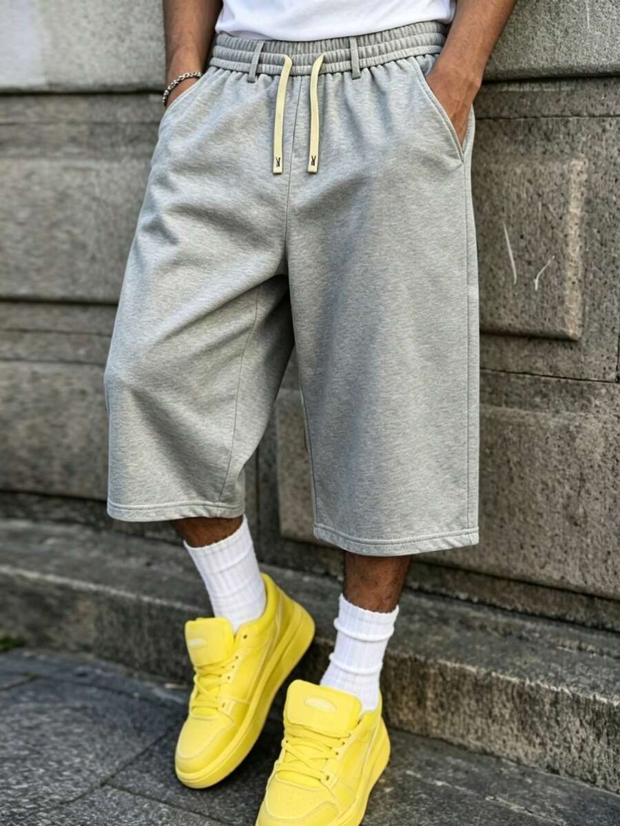 Loose Baggy Pants For Men, Heather Gray Cropped Sweat Pants With Dual Drawstring Waist, Casual 7 Inch Knee Length Pants For Men Daily Outfit Sports - Grey - View 1