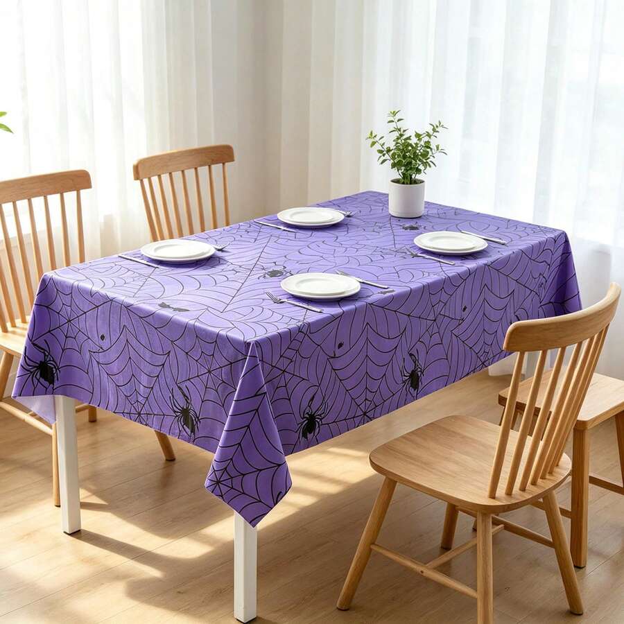 1pc/3pcs Waterproof Disposable Purple Spider Web Tablecloth Rectangular Table Cover, Horror Gothic Decor For Halloween Dinner Party Supplies - Spider Web Tablecloth - View 1