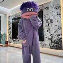 1pc/6 Styles: White, Purple, Yellow, Green One-Piece Pajamas, Premium Loungewear, Suitable For Cosplay, Unisex One-Piece Pajama Set, Cute And Funny Cartoon Big Mouth Monster Thick Coral Fleece Loungewear, Couple Pajamas, Cartoon Pajamas - Multicolor - View 20
