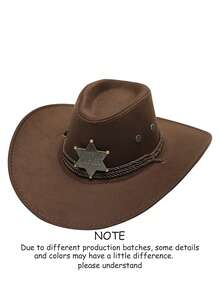 1pc Unisex Western Cowboy Hat, Metal Decor Band With Adjustable Windproof Rope Wide Brim, Costume Hat, Photo Prop, Suitable For Theme Parties And Daily Wear. Head Circumference Size M, Length 39CM, Width 35CM - Top Hat - View 14