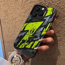 [24h Shipping From DE/FR/ES]Phone Case: Bold Neon Green And Black Abstract Pattern With Dynamic Lines And Splatter Effect For Iphone17 16 15 14 13 12 11 Pro Max 12 13 Mini Xs Xr X 8 7 Plus Shockproof Hard Shell Case With Camera Protection Urban Street Style Design Perfectthe Perfect Present - 1pcs - 查看 1