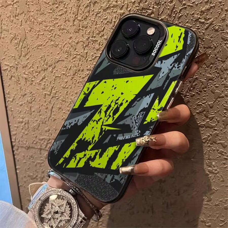 [24h Shipping From DE/FR/ES]Phone Case: Bold Neon Green And Black Abstract Pattern With Dynamic Lines And Splatter Effect For Iphone17 16 15 14 13 12 11 Pro Max 12 13 Mini Xs Xr X 8 7 Plus Shockproof Hard Shell Case With Camera Protection Urban Street Style Design Perfectthe Perfect Present - 1pcs - 查看 1