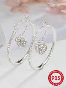 1pair 925 Sterling Silver Heart Pendant Circle Hoop Earrings With Natural Crystal Bead Valentines - Hoop Earrings - View 1