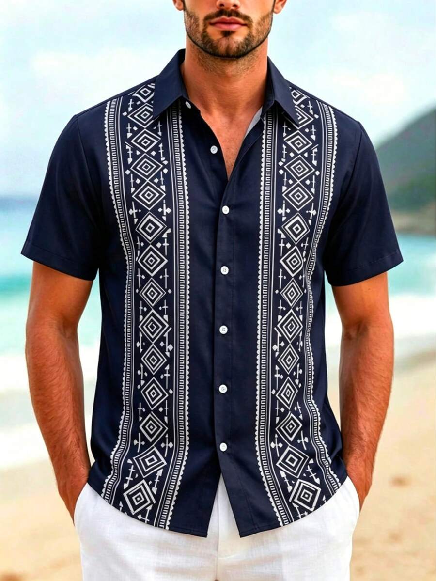 Goodbye Monotony! Men's Geometric Pattern Button-Front Beach Shirt, Bohemian Style Vacation