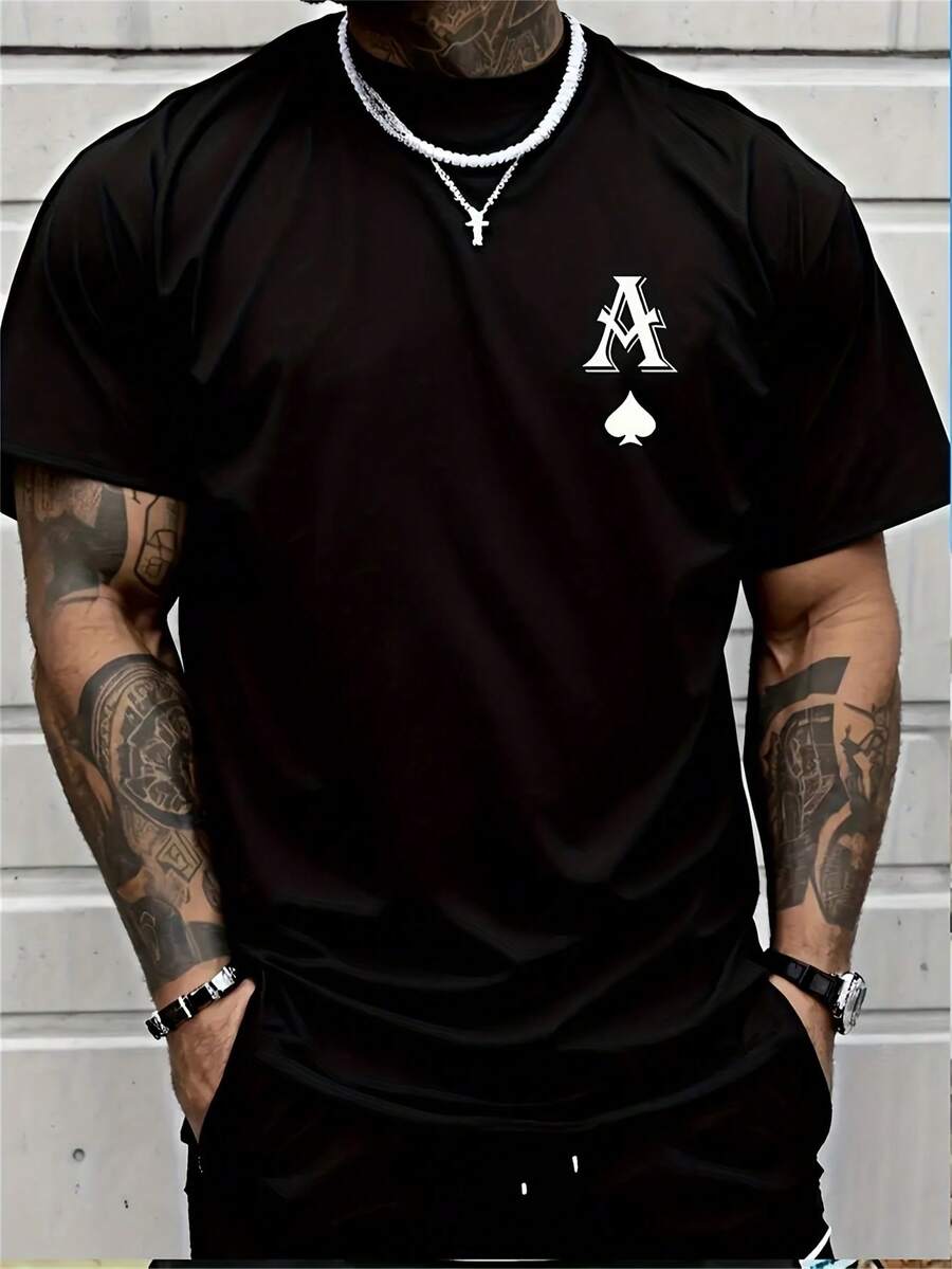 Men'S Pattern Poker A Print Regular Fit T-Shirt - 黑色 - 查看 1