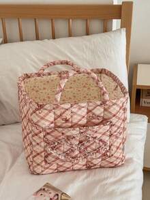 1Pc Bow Knot Quilted Storage Basket, Foldable Large Capacity Bag With Handle, Multifunctional Organizer For Cosmetics, Toys, Laundry & Home Decor - Multicolor - View 7