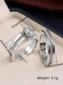2件組時尚立方鋯石戒指套組，女款婚禮訂婚週年派對戒指飾品，情人節禮物 - 銀色 - 查看 7