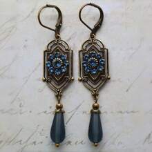 Vintage Palace Hollow Blue Zirconia Flower Art Drop Earrings, Women's Christmas Holiday Gift - Gold - View 1