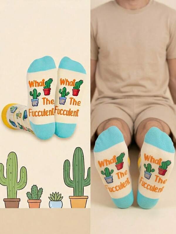 1 Pair Men's Grid Potted Cactus Pattern Crew Socks, Autumn Winter Daily Socks, Great Surprise Gag Gift For Gardening Hobbyists & Plant Fans