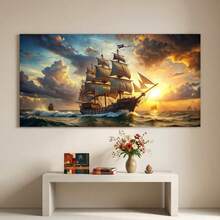 2D Flat, 2D Flat 1 Stück rahmenlose moderne abstrakte Piratenschiff segelt in den Sonnenuntergang Leinwand Wandkunst Poster - lebendiges nautisches Gemälde für Wohnzimmer & Schlafzimmer Dekoration, hochwertiger Muster, elegantes zeitgenössisches Design, nautische Dekoration, 2D Flat - Entwurf 01 - Übersicht 6