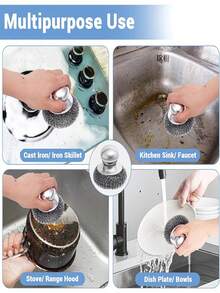 Set 6 Sikat Dapur Stainless Steel dengan Gagang, Kepala Sikat Stainless Steel yang Dapat Diganti, Alat Pembersih Panci dan Piring Tugas Berat, Cocok untuk Noda Membandel, Desain Pegangan yang Mudah untuk Pembersihan Peralatan Dapur yang Praktis - Mengatur - View 7