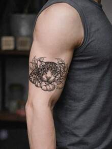 1 Sheet Men's Black Stippled Leopard Head Temporary Tattoo Stickers, Gentle Spotted With Leaves Dot Shading Waterproof Large Body Stickers For Arm Chest Rib Shoulder Decor - Black - View 4