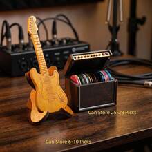 Caja almacenamiento púas guitarra diseño 3D vintage, tapa abatible, incluye púas surtidas para músicos - Altavoz negro con tapa abatible + guitarra de madera - Ver 7