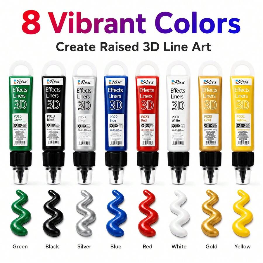 4/8 Stücke Set, 8 Farben 3D Acrylfarbe, 30ml pro Tube, wasserfeste schnelltrocknende Relief-Farbe, geeignet für Stein, Glas, Holz, Leinwand, Keramikkunst, wasserbasierte Primer - Rot + Gelb + Blau + Grün + Gold + Silber + Schwarz + Weiß - Übersicht 1