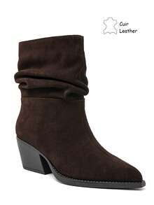 Bottines Plissées in Cuir Suédé à Bout Pointu – L'Élégance Citadine Authentique - بني - مشاهدة 2