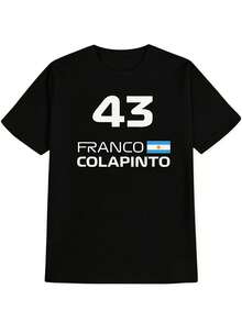 Camiseta de Fútbol para Hombre 43 Franco Colapinto Argentina - Camiseta Casual de Verano Negra con Letras Blancas y Diseño de Bandera, Cuello Redondo Transpirable de Manga Corta para Uso Casual - Negro - Ver 1