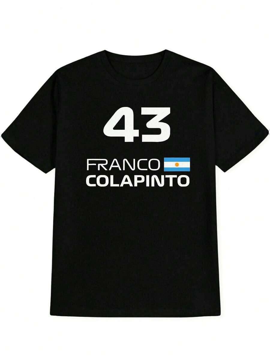 Camiseta de Fútbol para Hombre 43 Franco Colapinto Argentina - Camiseta Casual de Verano Negra con Letras Blancas y Diseño de Bandera, Cuello Redondo Transpirable de Manga Corta para Uso Casual - Negro - Ver 1
