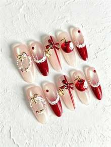 10 Pcs Handmade Press-On Nails Set – Elegant Red & Nude Nail Art | 3D Apple & Bow Detail | Reusable Medium Almond False Nails With Storage Box & Tools | Perfect For Party, Holiday & Daily Wear Gift Set - "Crimson Wish" - 查看 1