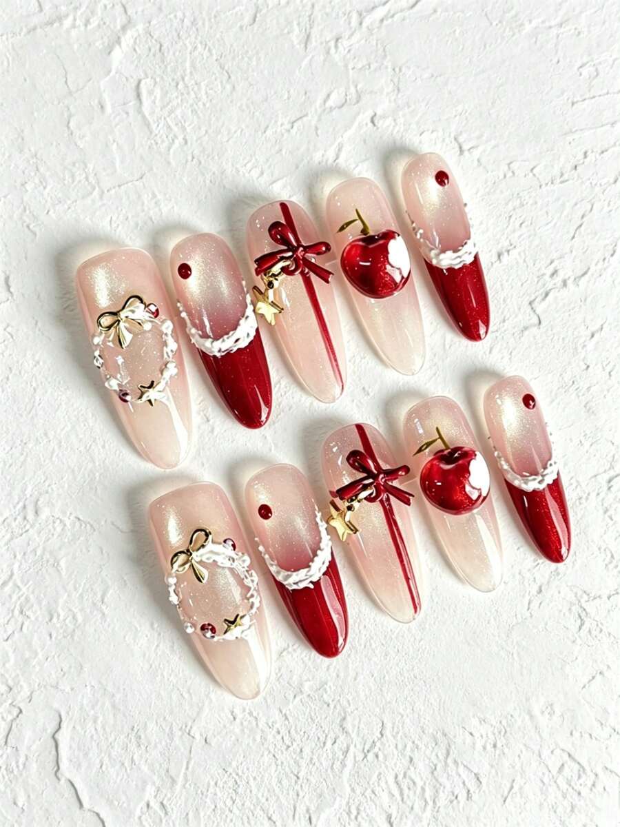 10 Pcs Handmade Press-On Nails Set – Elegant Red & Nude Nail Art | 3D Apple & Bow Detail | Reusable Medium Almond False Nails With Storage Box & Tools | Perfect For Party, Holiday & Daily Wear Gift Set - "Crimson Wish" - 查看 1