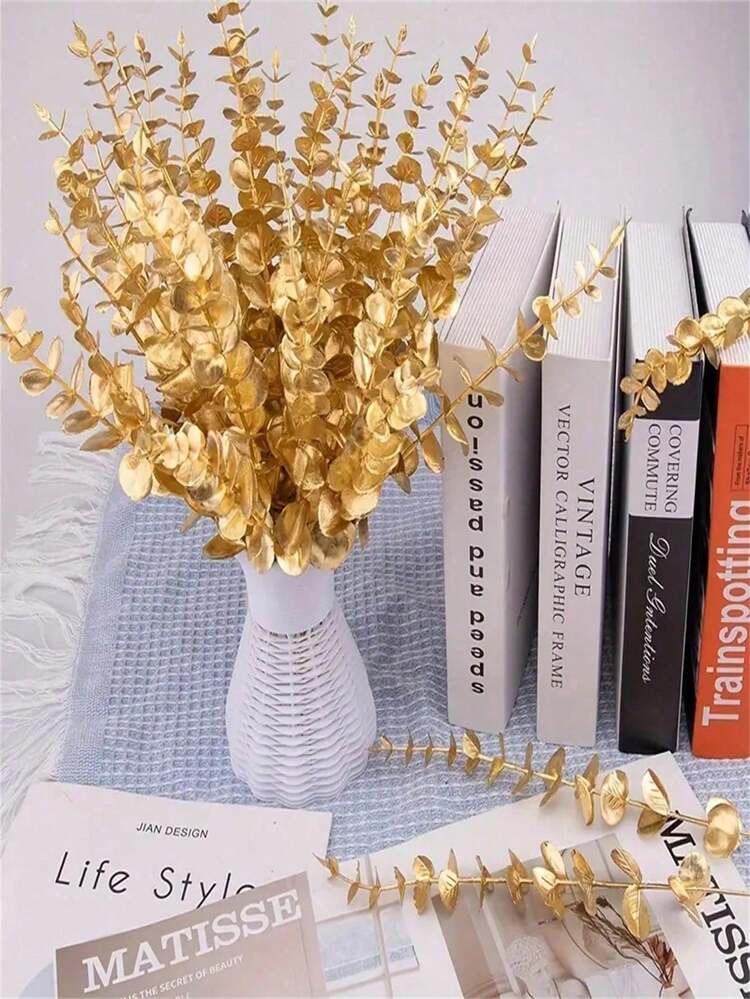 12pcs Artificial Gold Leaves Home Wedding Decor DIY Artificial Plants Christmas Decoration - Golden Eucalyptus - View 4