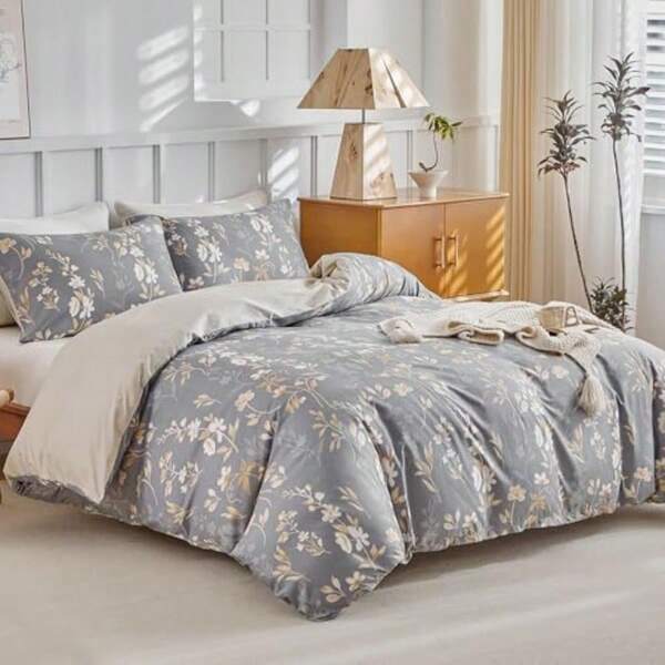 Juego de Funda Nórdica King Floral Dorado, Juego de Ropa de Cama Gris de 3 Piezas con Cremallera, Microfibra Ultra Suave Reversible, Funda Nórdica King con 2 Fundas de Almohada 20"X36"