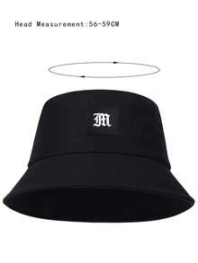 1pc Men's PU Leather Patch Bucket Hat, Outdoor Sun Protection Casual Hat, Suitable For Spring/Autumn Travel, Beach Vacation - Black M - View 2