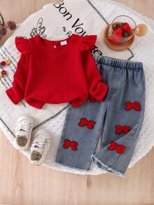 Baby Girl Spring/Autumn 2-Piece Set, Red Textured Ruffle Flutter Sleeve T-Shirt Pullover Top + 3D Red Bow Decor Denim Long Pants, Casual Daily Outfit - Red - View 1
