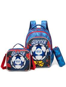 Ensemble de 3 pièces de sac à dos patchwork brodé de football mignon et à la mode pour enfants, avec un espace ample pour ranger les fournitures scolaires de votre enfant, un motif exquis, utilisant les couleurs préférées des enfants, convient pour l'école, les sports de plein air ou les voyages, cadeau d'anniversaire de vacances parfait pour les enfants, combinaison de sac à dos décontracté - bleu de football - Voir 1