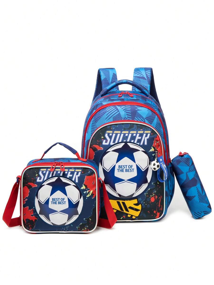 Ensemble de 3 pièces de sac à dos patchwork brodé de football mignon et à la mode pour enfants, avec un espace ample pour ranger les fournitures scolaires de votre enfant, un motif exquis, utilisant les couleurs préférées des enfants, convient pour l'école, les sports de plein air ou les voyages, cadeau d'anniversaire de vacances parfait pour les enfants, combinaison de sac à dos décontracté - bleu de football - Voir 1